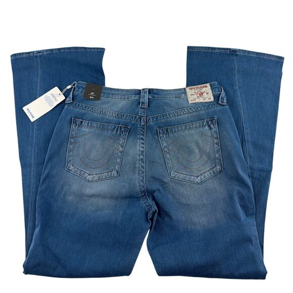 True Religion Terra Cotta Indigo Joey Terry Mid Rise Flare Flap Jeans Size 33 - Picture 7 of 9